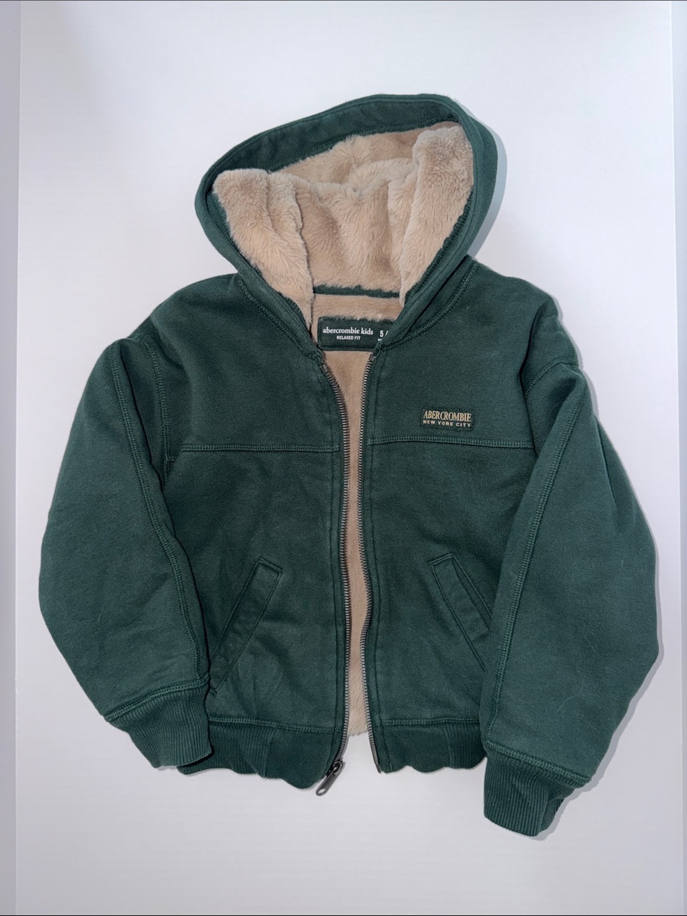 abercrombie kids dark green hoodie with tan sherpa lining